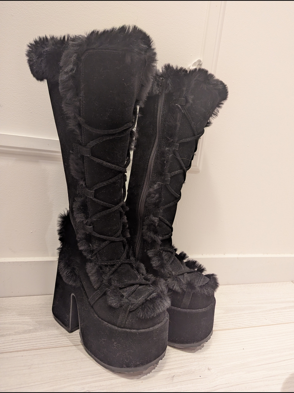 Demonia Black Faux-Fur Lace-Up Platform Knee-High Boots